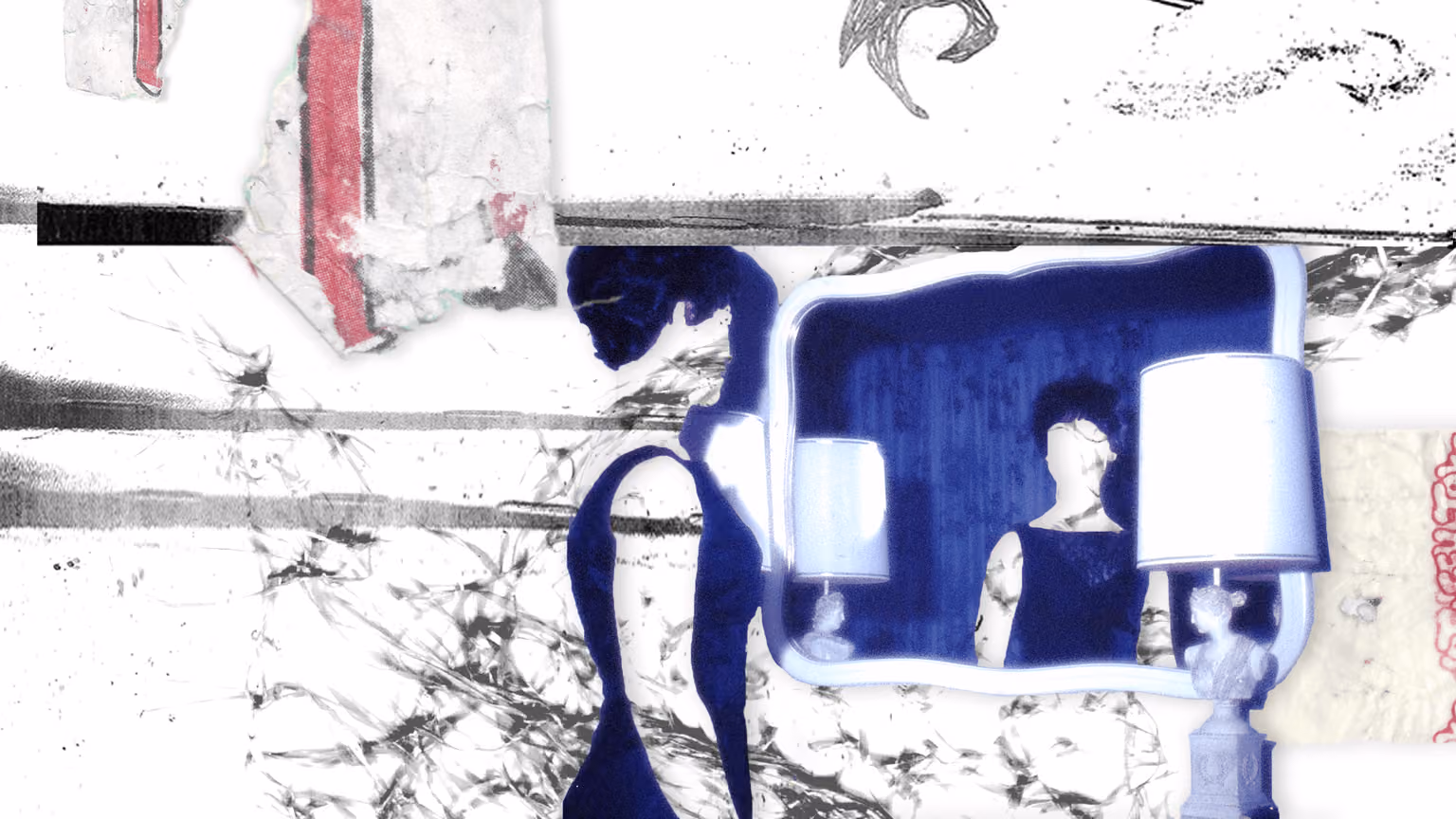Surreal collage with a blue mirror reflecting a figure and lamp, against distressed textures.